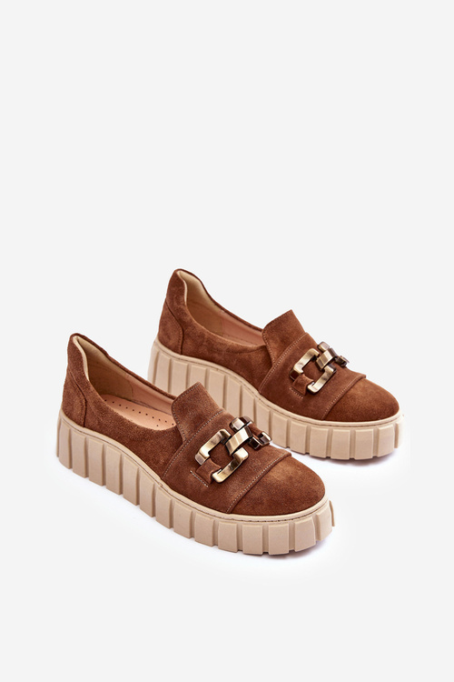 Zamszowe Półbuty Damskie Na Platformie Z Ozdobą Brązowe Lewski 3398