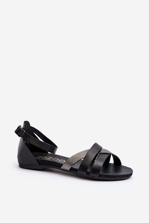 Zazoo 40225 Skórzane Sandały Na Płaskim Obcasie Czarne