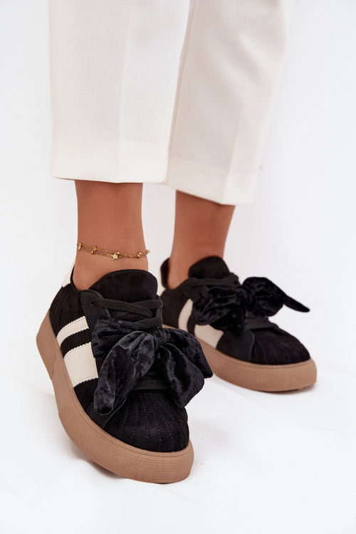 Sneakersy Damskie Z Welurową Kokardą Czarne Ashlyn