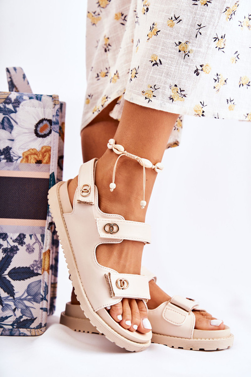 Damskie Skórzane Sandały Z Ozdobą Beżowe Halis