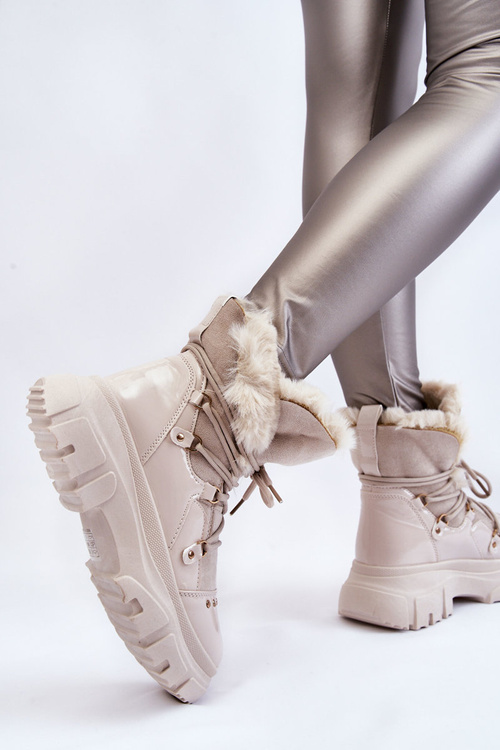 Damskie Botki Z Futerkiem Sznurowane Jasnobeżowe Merron