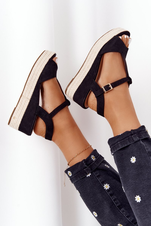 Sandały Na Koturnie Z Plecionką Czarne Graciosa