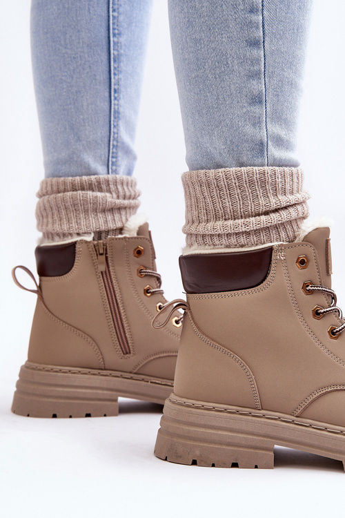 Damskie Trapery Ocieplane Futerkiem Ciemnobeżowe Fenan