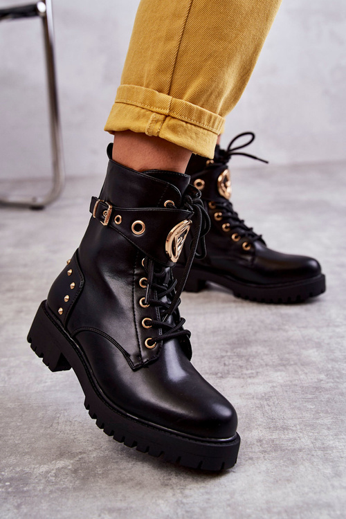 Skórzane Damskie Botki Z Ćwiekami Czarne Leticia