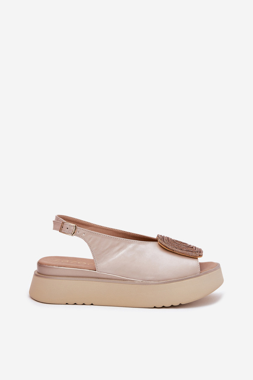 Zazoo 1786 Skórzane Sandały Damskie Na Platformie Z Ozdobą Perłowy Beż