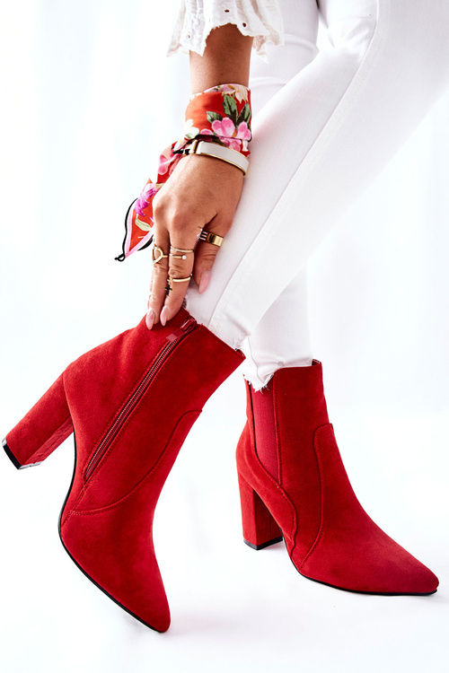 Damskie Zamszowe Botki Na Słupku Czerwone Kastren