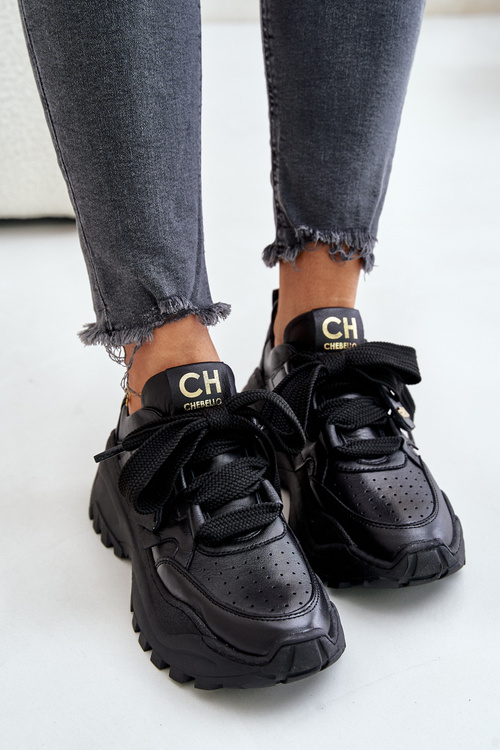 Damskie Skórzane Sneakersy Czarne CheBello 4583
