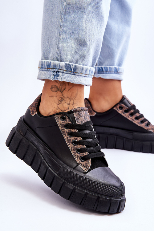 Damskie Skórzane Buty Sportowe Na Platformie Czarne Alison