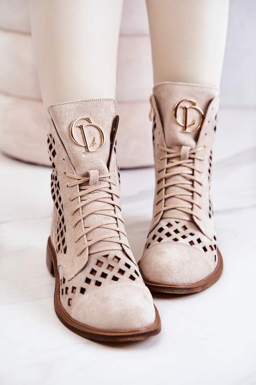 Zazoo 2695 Botki Skórzane Ażurowe Na Suwak Jasnobeżowe