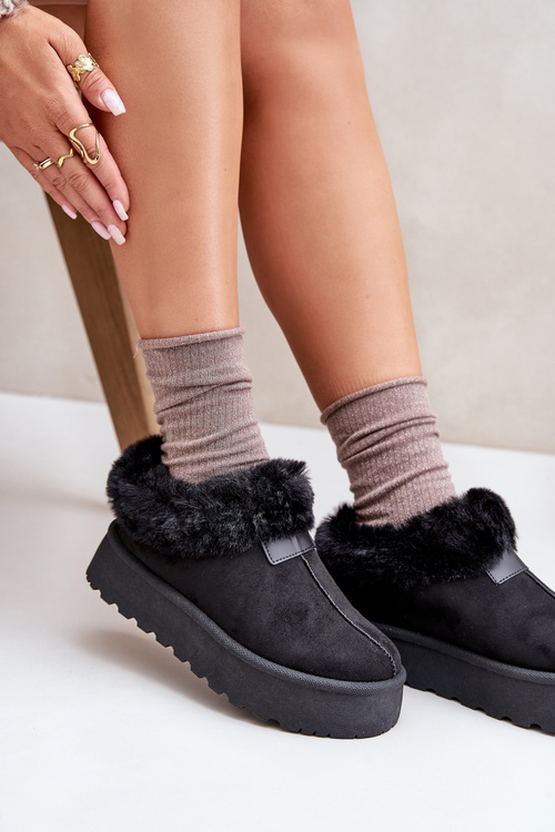 Śniegowce Z Niską Cholewką Z Futerkiem Na Platformie Eko Zamszowe Czarne Neathoria