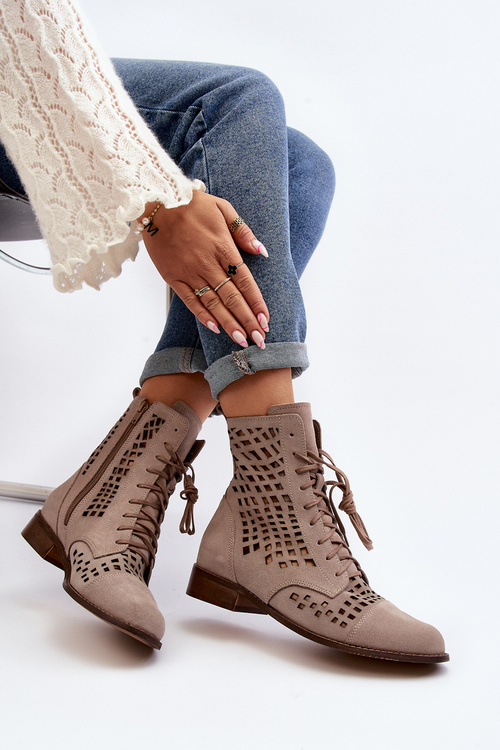Zazoo 2627 Ażurowe Skórzane Botki Beżowe