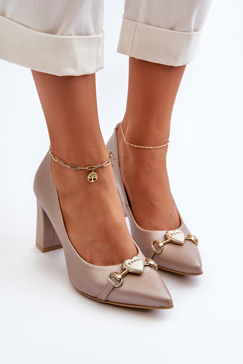 Zazoo 2453/OS Skórzane Czółenka Na Słupku Z Sercem Perłowe