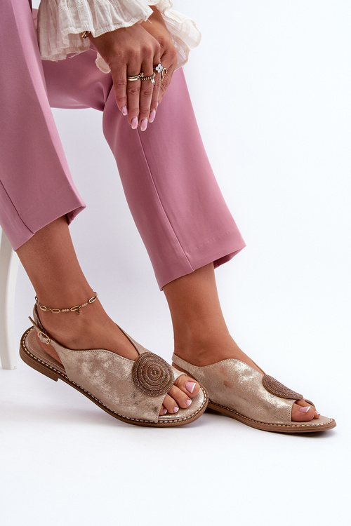 Sandały Damskie Z Ozdobą Na Płaskim Obcasie S.Barski KV24-057 Złote