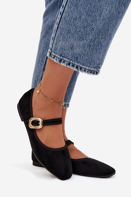 Baleriny Z Paskiem I Złotą Klamrą Eko Zamszowe Czarne Adelora