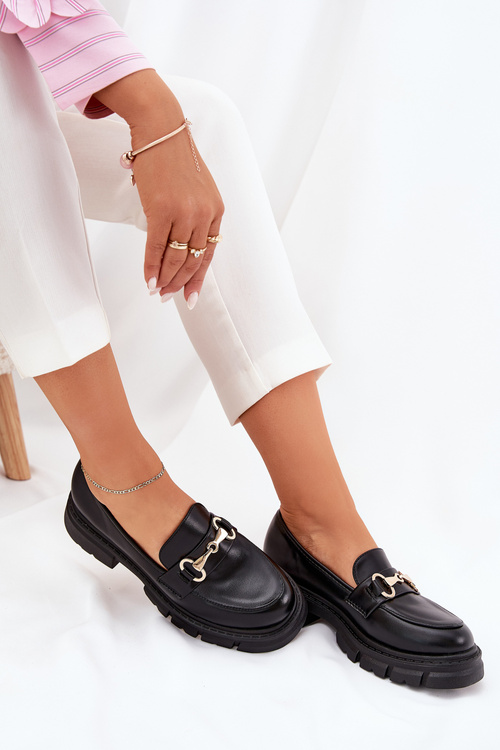 Damskie Mokasyny Ze Złotym Detalem Eko Skórzane Czarne Gemitha
