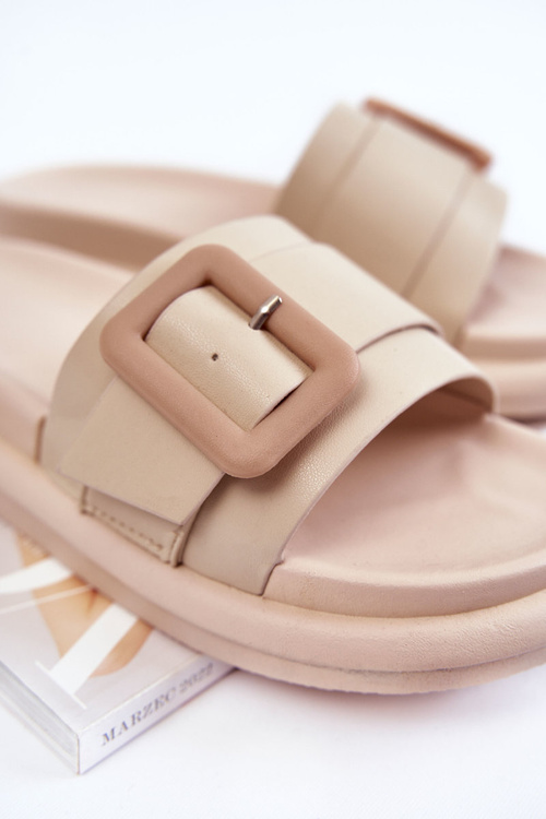 Damskie Skórzane Klapki Z Klamrą Beżowe Devia