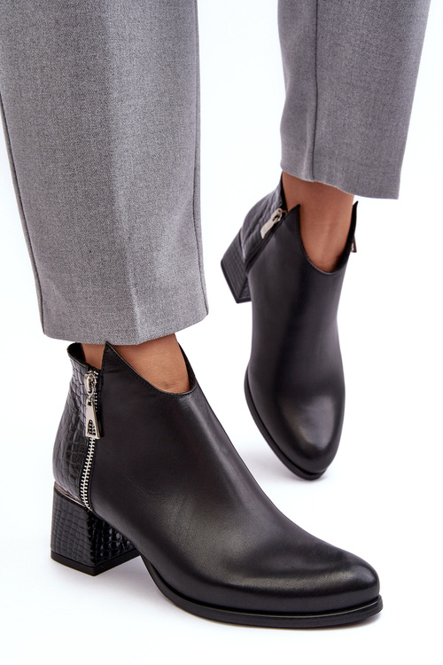 Damskie Skórzane Botki Na Niskim Słupku Zazoo 4111 Czarne