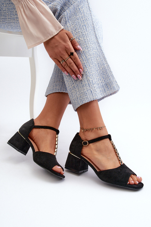 Sandały Damskie Na Obcasie Klocku Z Ozdobnym Paskiem Eko Zamszowe Czarne Obivena