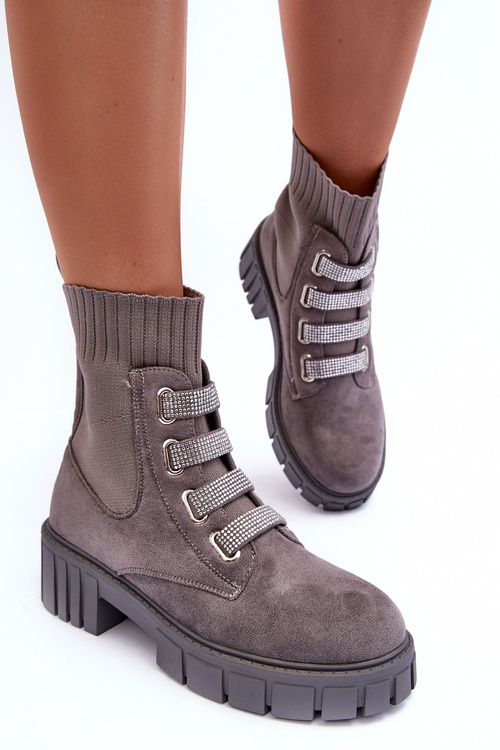 Zamszowe Wsuwane Botki Skarpetkowe Szare Hope