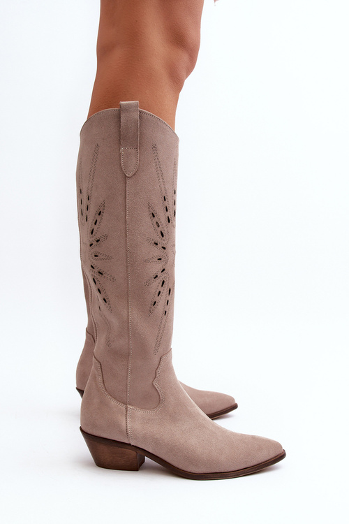 Zazoo 2909 Zamszowe Kozaki Ażurowe Na Niskim Obcasie Beżowe