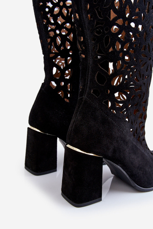 Zamszowe Ażurowe Kozaki Lewski Shoes 3234 Czarne