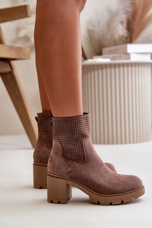 Botki Damskie Na Słupku Zapinane Na Zamek Eko Zamszowe Brązowe Rashmi