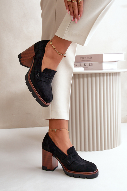 Półbuty Damskie Na Obcasie Słupku Z Eko Zamszu Czarne Vinceza 58105