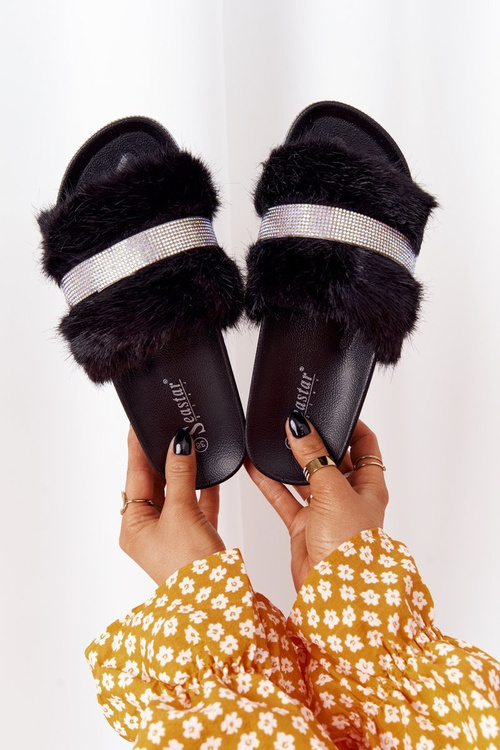 Klapki Na Platformie Z Futerkiem I Cyrkoniami Czarne Impress