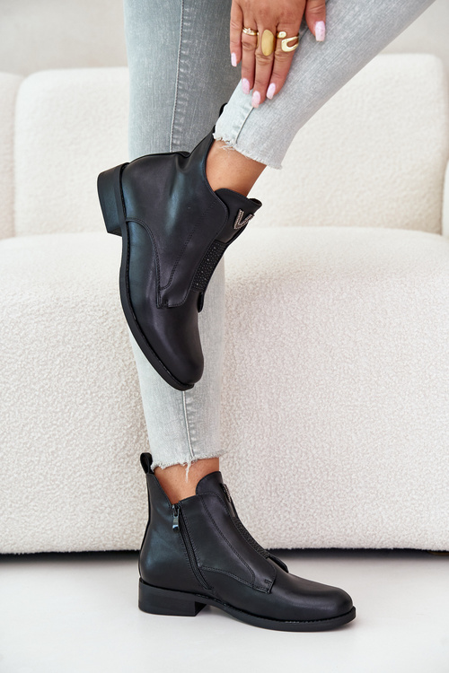 Niskie Botki Damskie Na Płaskim Obcasie Ocieplane Czarne S.Barski HY42-119 Czarne