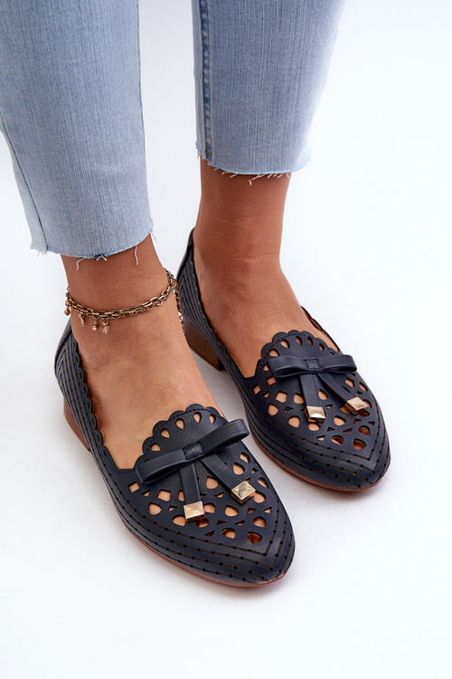 Ażurowe Baleriny Damskie Z Kokardką Granatowe Nestavia