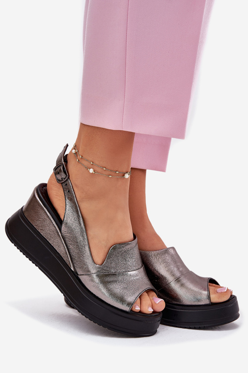 Skórzane Damskie Sandały Na Koturnie Artiker 54C0402 Grafitowe