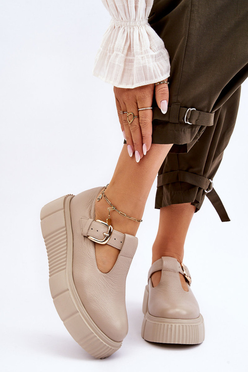 Zazoo 20102 Modne Skórzane Półbuty Na Masywnej Platformie Beżowe