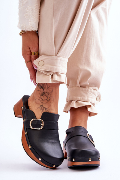 Damskie Skórzane Klapki Chodaki Czarne Fanett