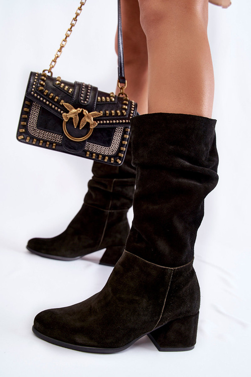 Damskie Marszczone Zamszowe Kozaki Czarne Alfra