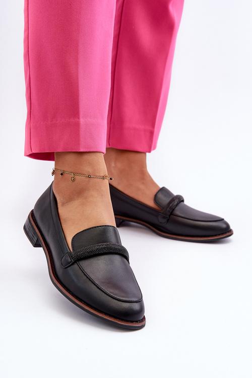 Skórzane Mokasyny Damskie Z Ozdobnym Paseczkiem Czarne Saosin