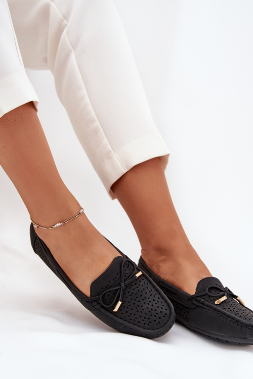 Mokasyny Damskie Z Ażurowym Wzorem I Wiązaniem Czarne Mirisa