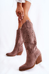 Zamszowe Kozaki Kowbojki Z Ażurowym Wzorem Brązowe Naya