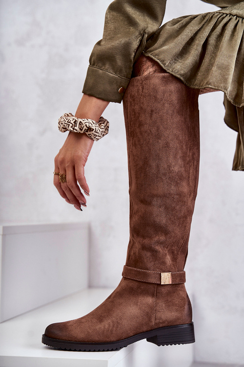 Zamszowe Damskie Kozaki Na Płaskim Obcasie Brązowe Henrike