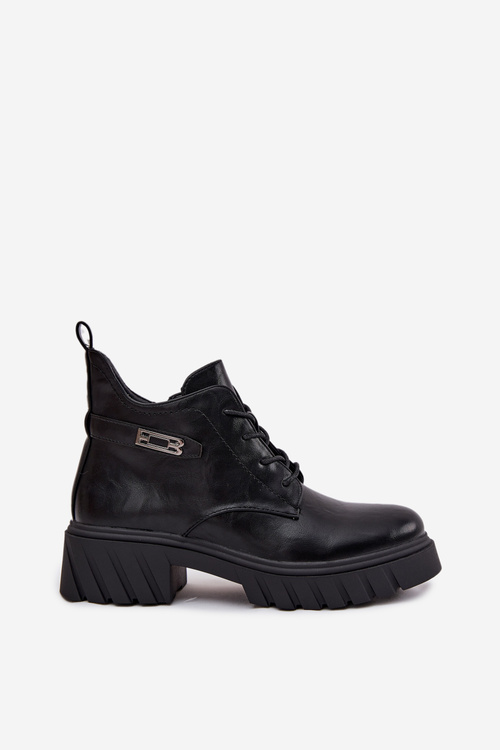 Niskie Ocieplane Botki Damskie Na Klocku Z Ozdobnym Paskiem Czarne Therisse