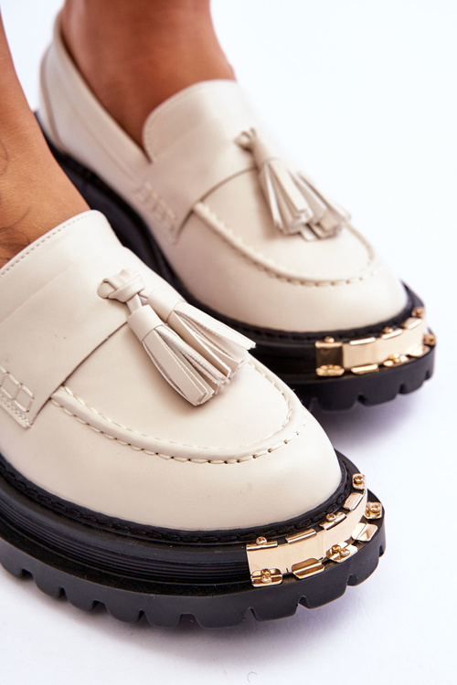 Klasyczne Półbuty Mokasyny Z Frędzlami Beżowe Lonisa