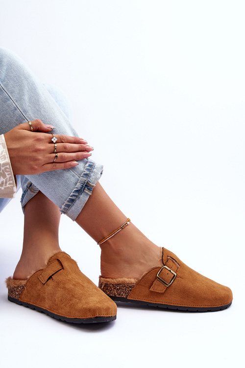 Zamszowe Klapki Damskie Z Futerkiem Brązowe Haidamia