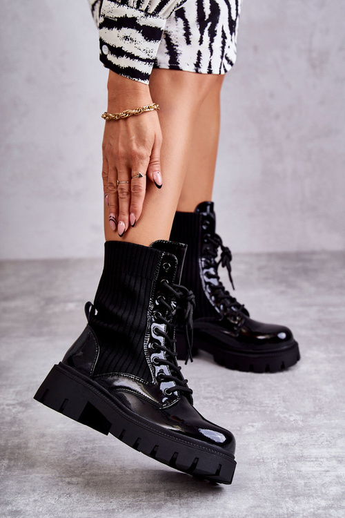 Damskie Lakierowane Workery Botki Ze Skarpetą Czarne Abigail