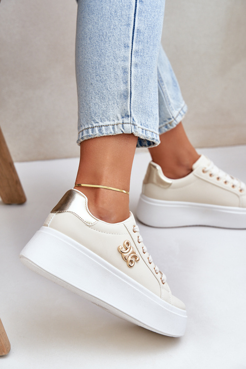 Sneakersy Damskie Na Platformie Beżowo-Złote Temittes