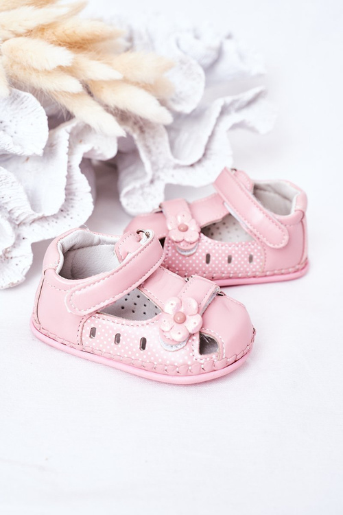 Dziecięce Skórzane Sandałki Na Rzepy Różowe Flowers