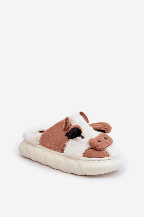 Futrzane Kapcie Krowy Damskie Brązowe Remiola