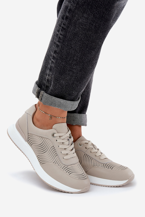 Skórzane Buty Sportowe Sneakersy Damskie S.Barski LR51-551 Beżowe