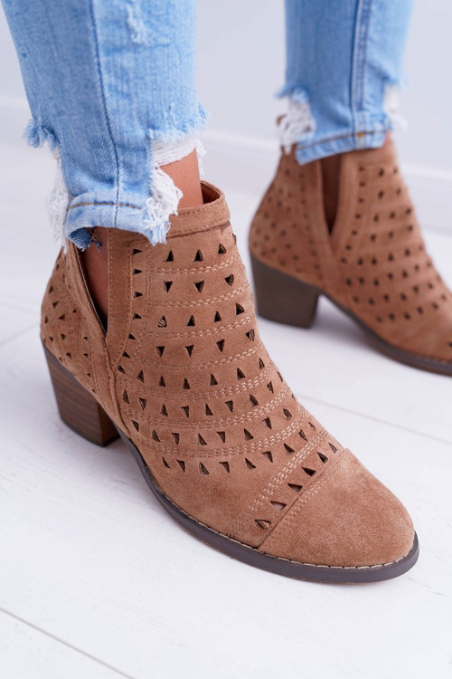 Botki Damskie Na Słupku Ażurowe z Wycięciami Brązowe Mediolan