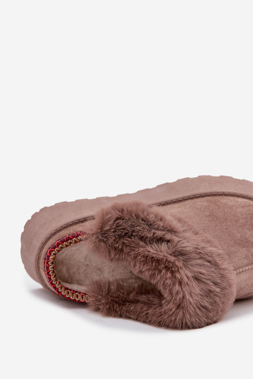 Śniegowce Damskie Na Platformie Z Futerkiem I Haftem Ciemnobeżowe Querina