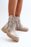 Zazoo 3470 Skórzane Botki Damskie Na Płaskim Obcasie Ażurowe Złote Przecierane  