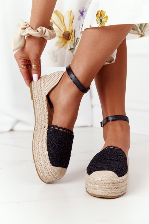 Koronkowe Espadryle Na Plecionej Platformie Czarne Larisa